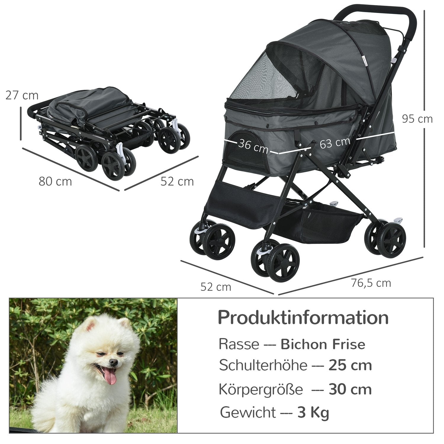 Hundvagn, Buggy för små husdjur, mörkgrå Oxford 76,5 cm