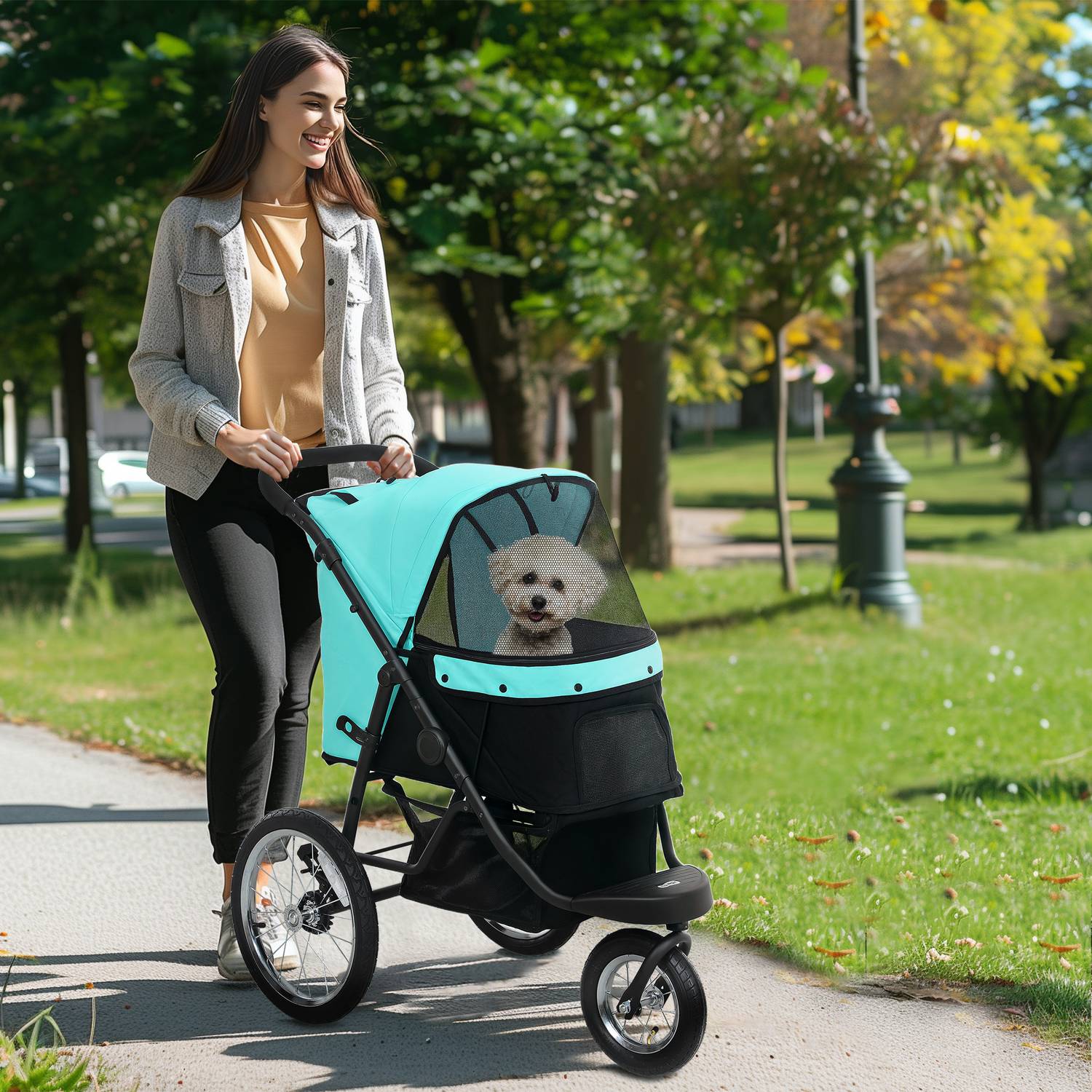 Hundvagn Jogger, hopfällbar, för husdjur upp till 10 kg, turkos