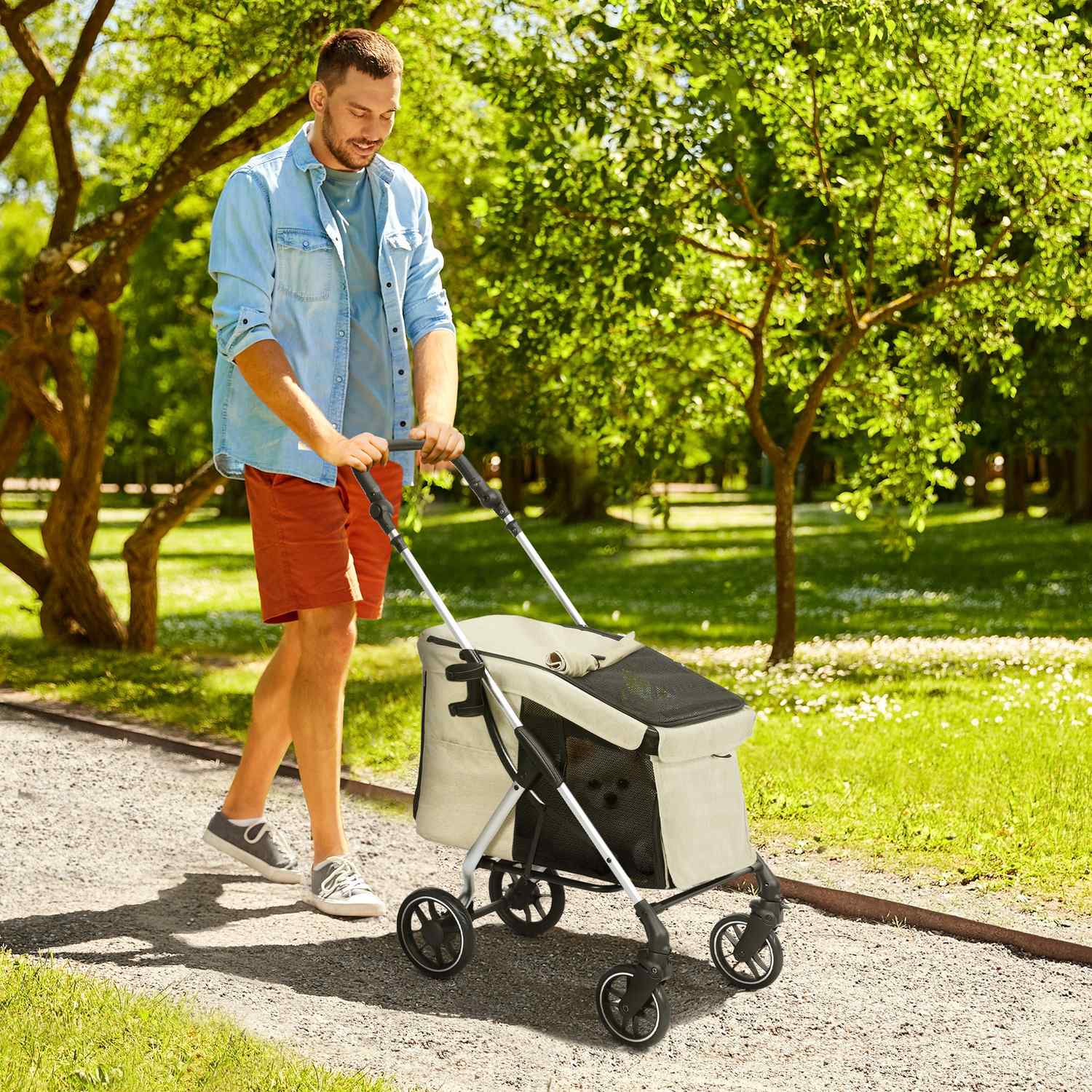 Hopfällbar husdjursvagn i aluminium, upp till 10 kg, Khaki