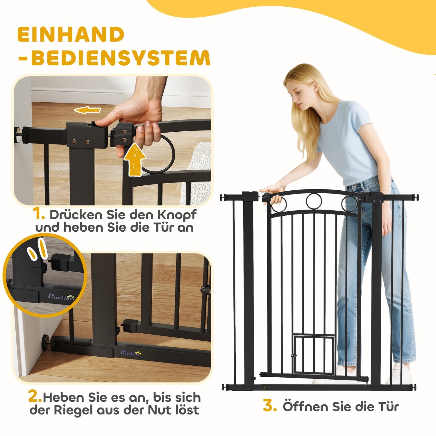 Husdjursgrind 106 cm, justerbar bredd, kattlucka, svart