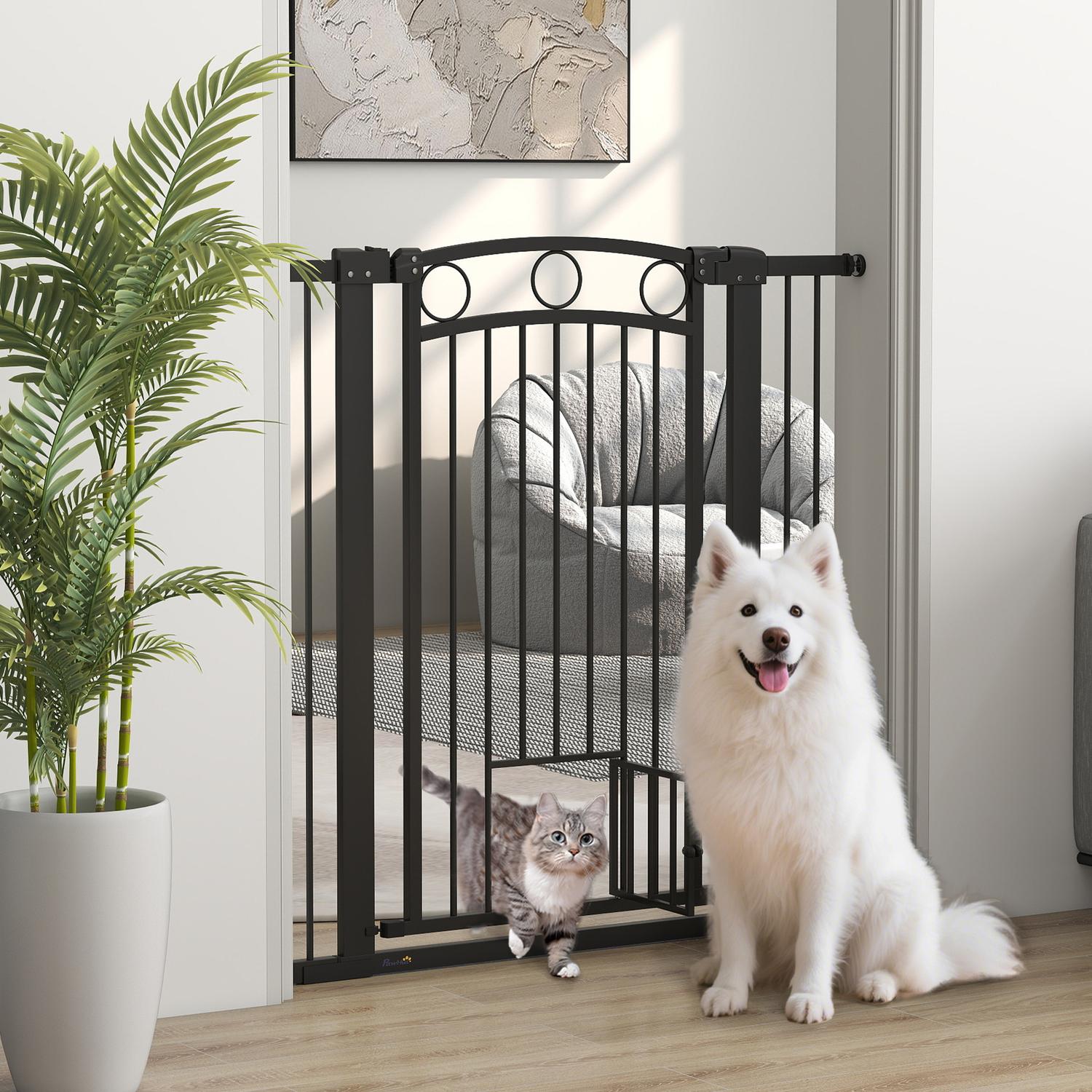 Husdjursgrind 106 cm, justerbar bredd, kattlucka, svart