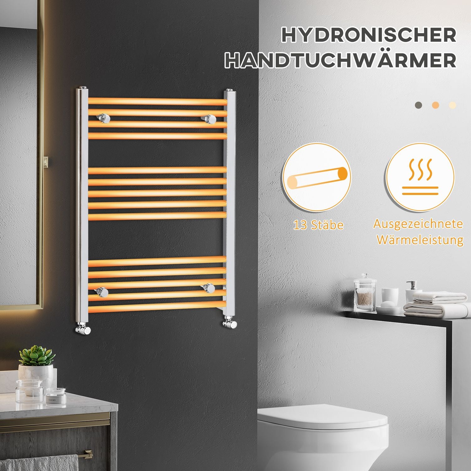 Hydronisk handdukskylare, 14 stavar kolstål, 600x800 mm