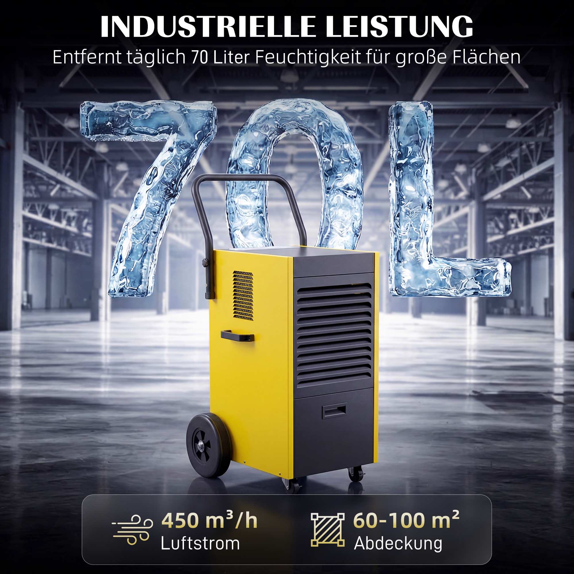 Industriell avfuktare, 70 l/dag, kontinuerlig dränering