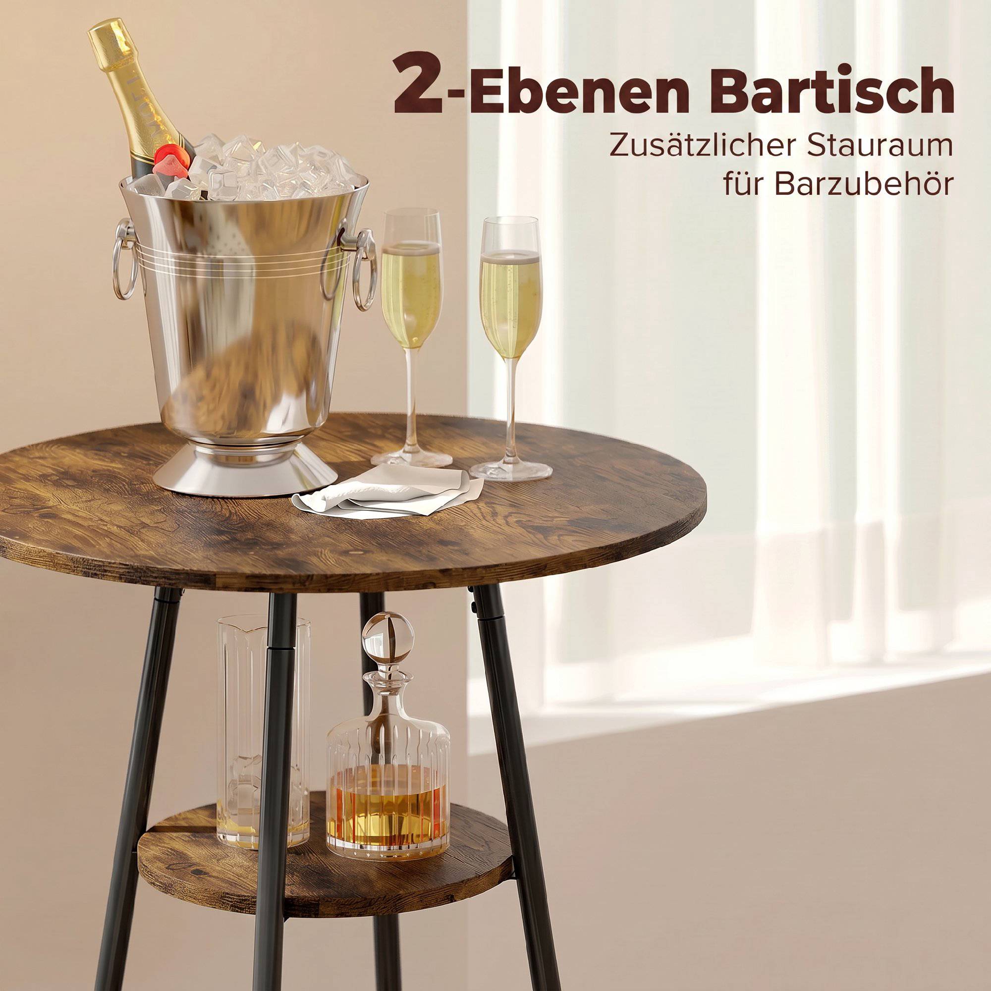Industriell barbordsgrupp, 2 stoppade pallar, hyllplan, rustik brun