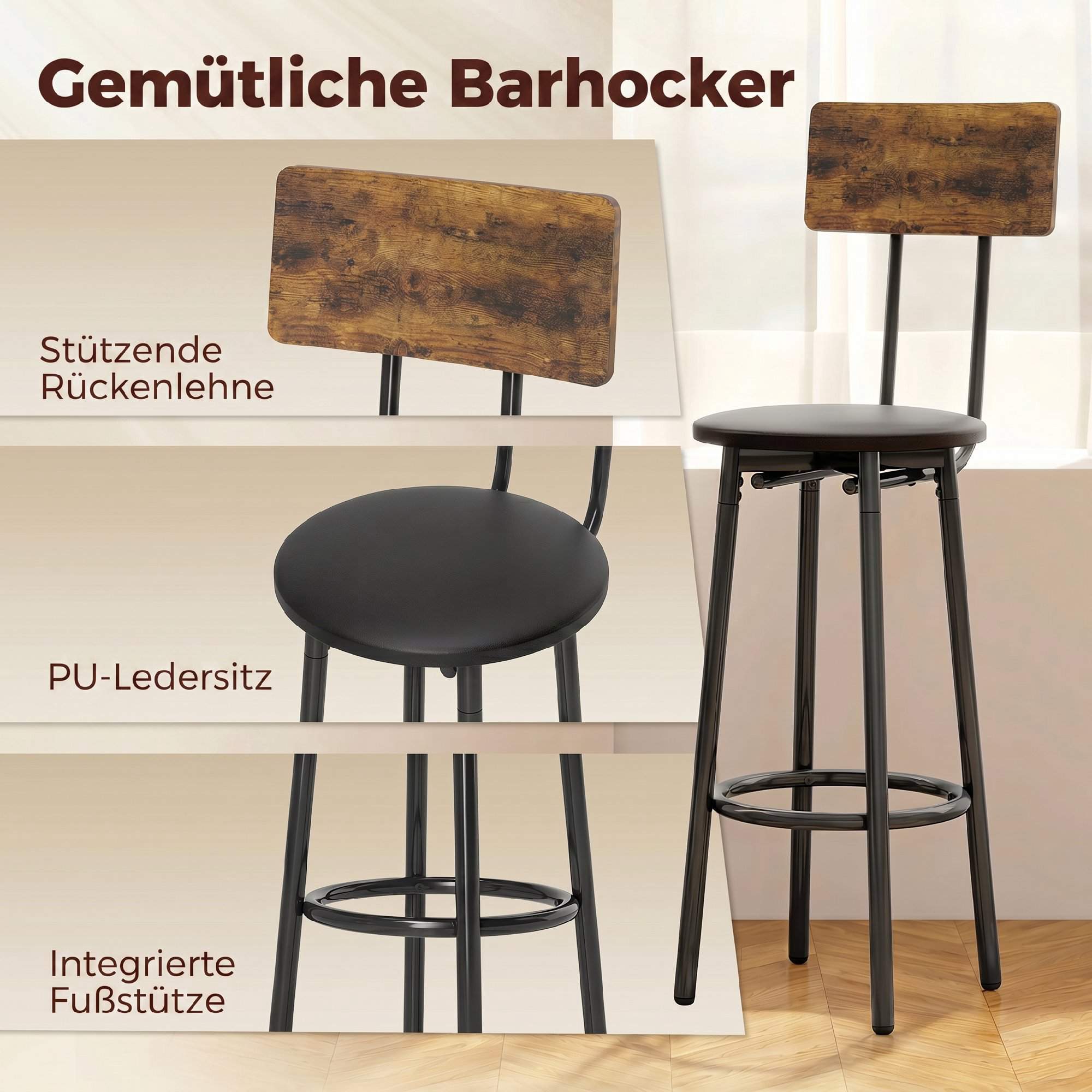 Industriell barbordsgrupp, 2 stoppade pallar, hyllplan, rustik brun