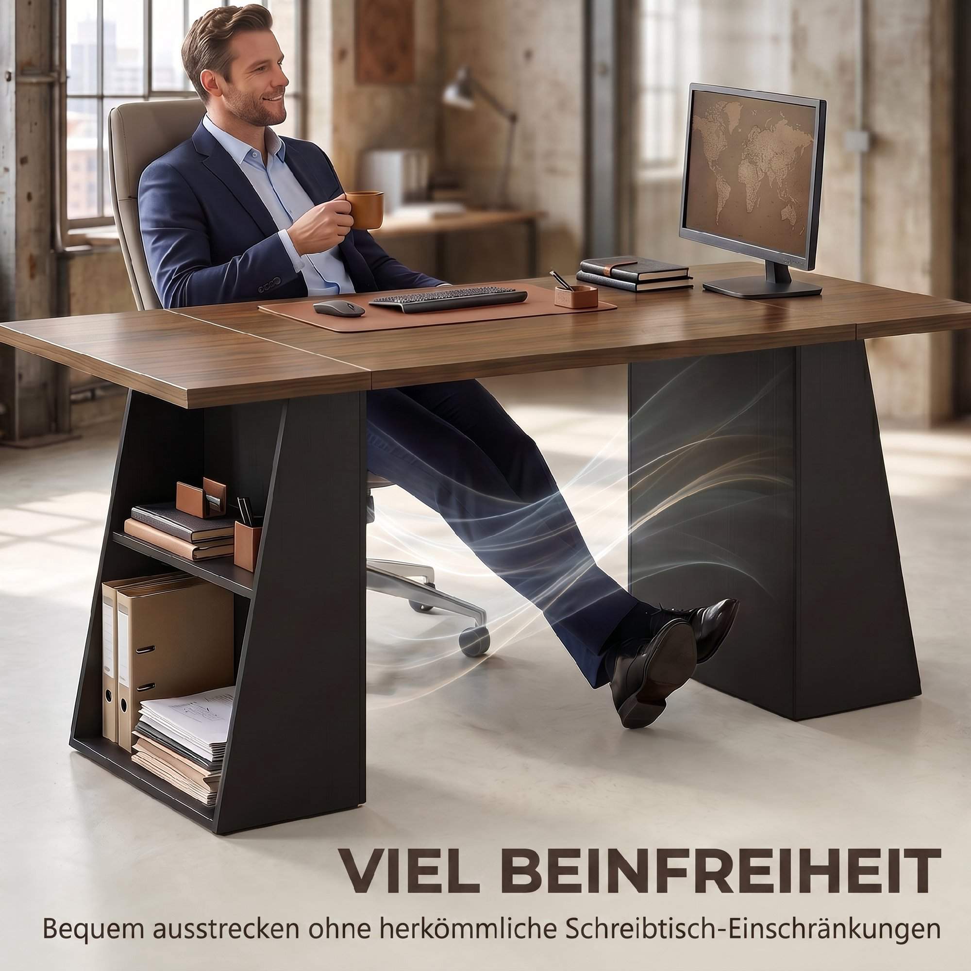 Industriellt datorbord 140 cm, 4 öppna hyllor, brun-svart