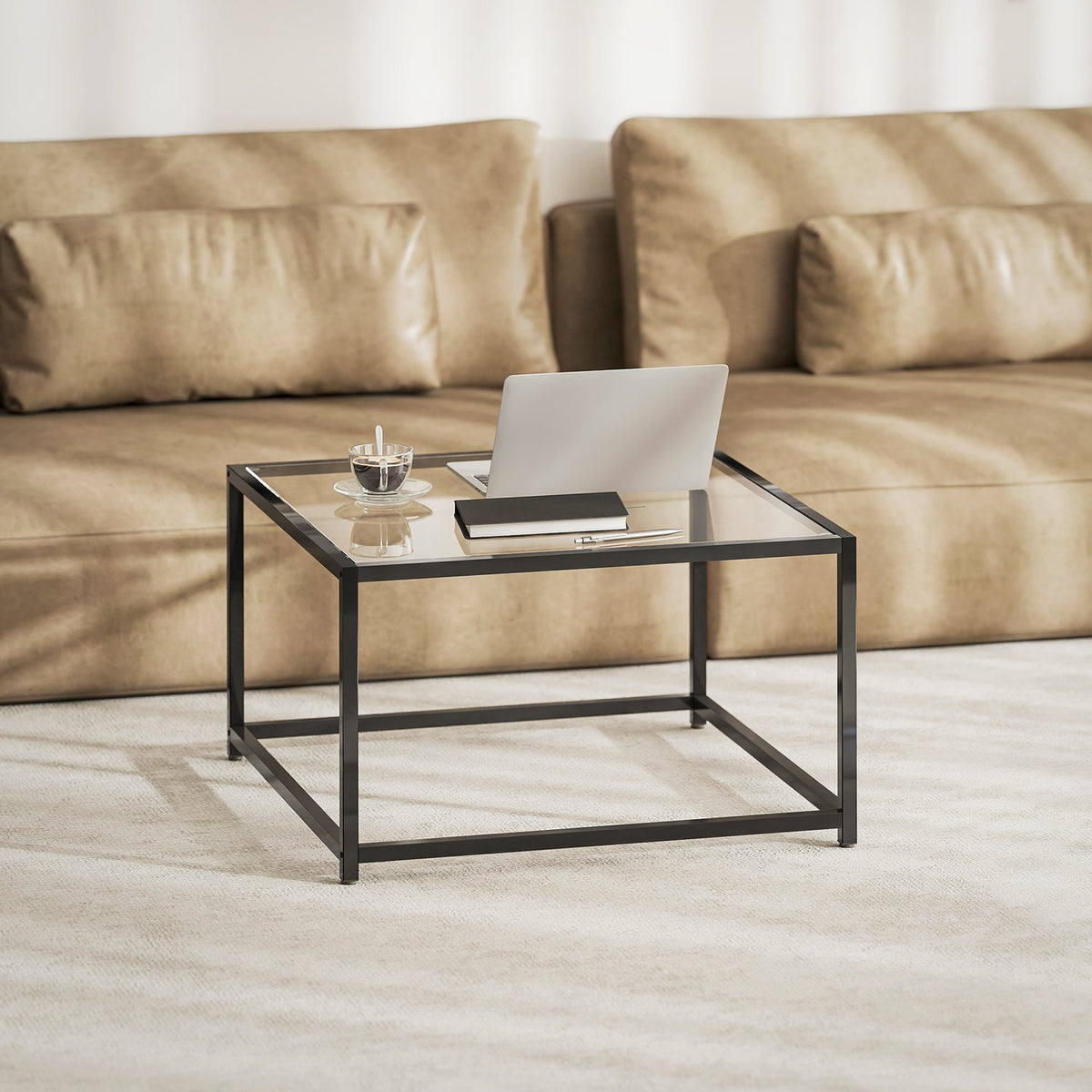 Industrielt salongbord, herdet glass og stål, 68 x 68 cm