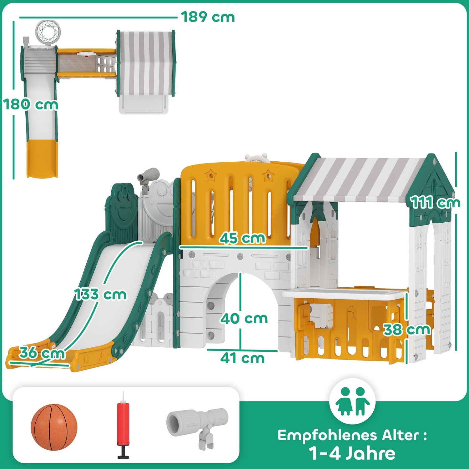 Inomhus 7-i-1 rutschkana och lekset, åldrar 1-4, gul/grön