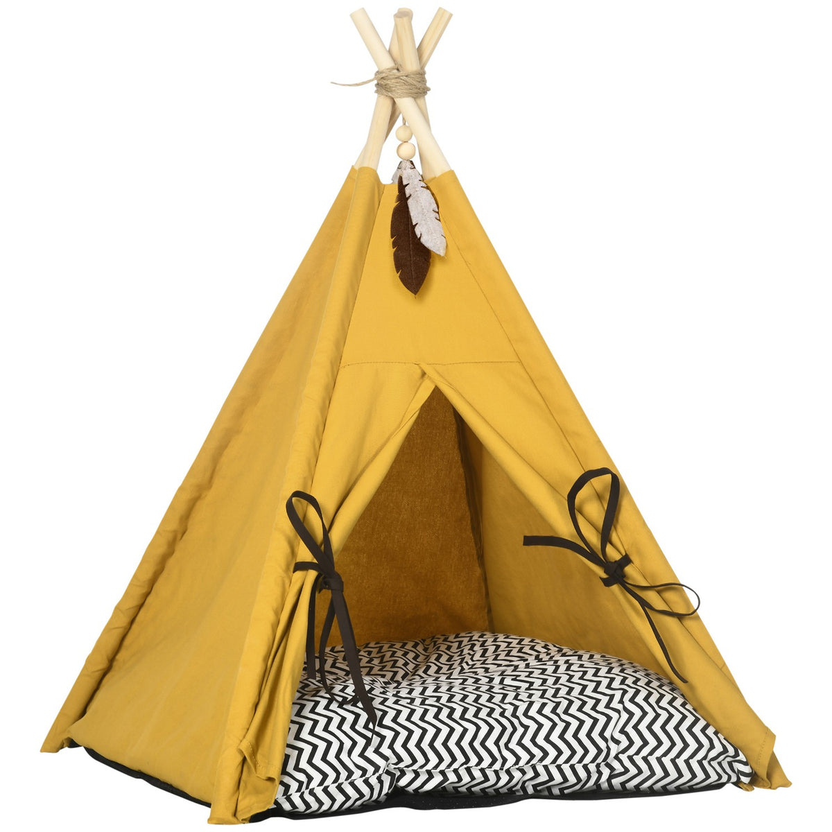 Inomhus katt & hund Tipi tältsäng, furu, gul kudde