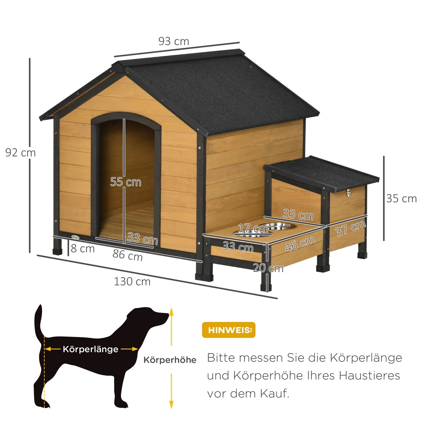 Isolerad hundkoja i trä, väderbeständig med skålar