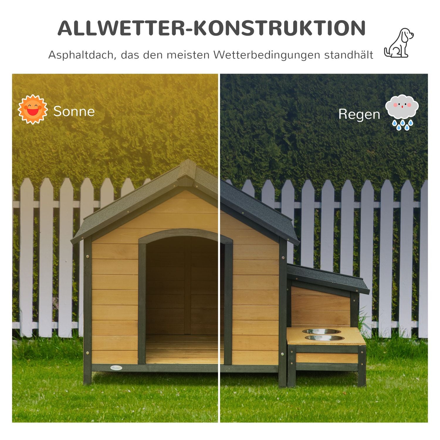 Isolerad hundkoja i trä, väderbeständig med skålar