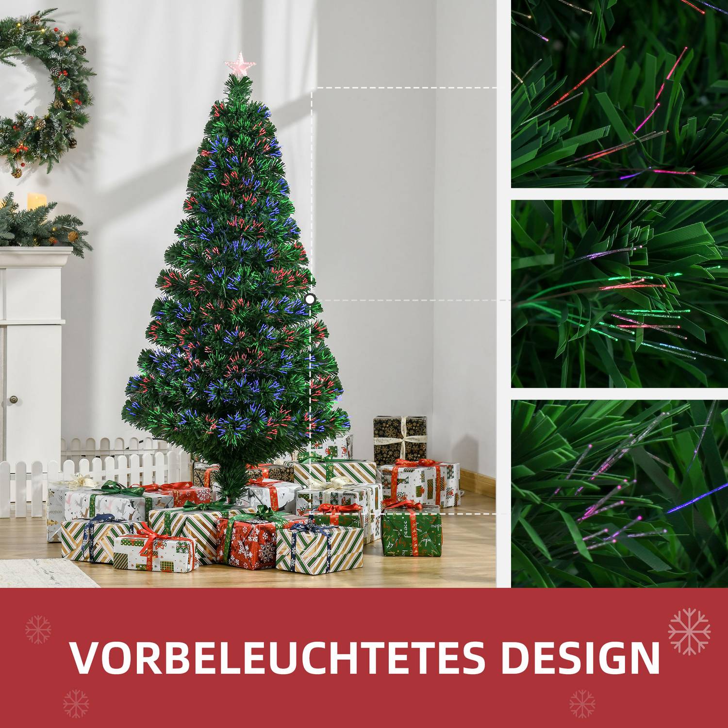150 cm konstgjord julgran med LED-lampor & metallstativ