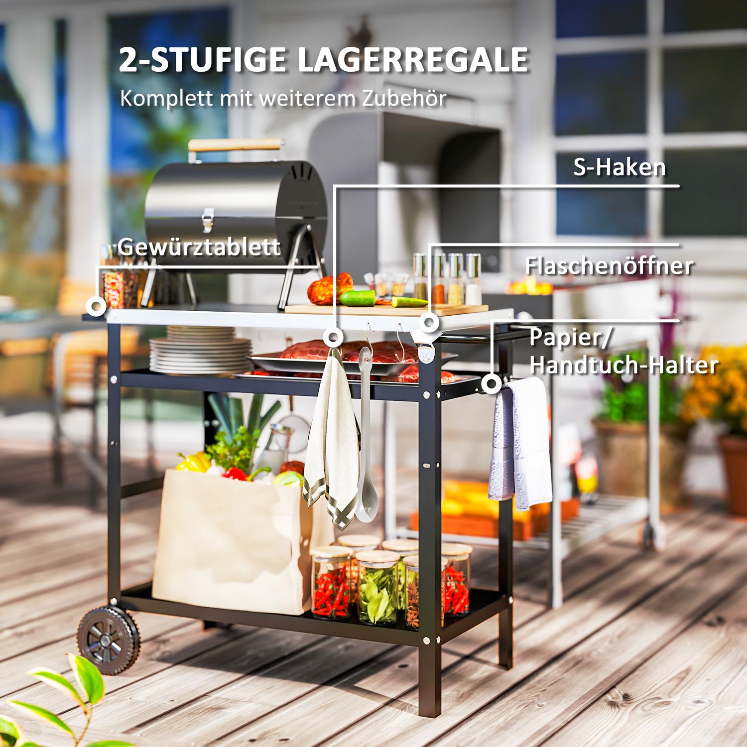 Justerbar 3-vånings utomhusgrillvagn med hjul