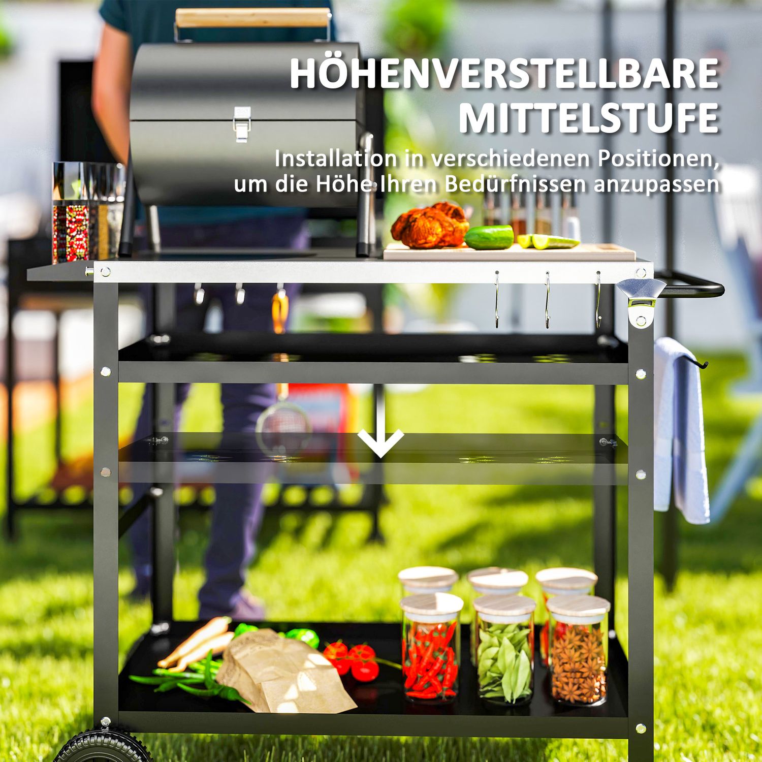 Justerbar 3-vånings utomhusgrillvagn med hjul
