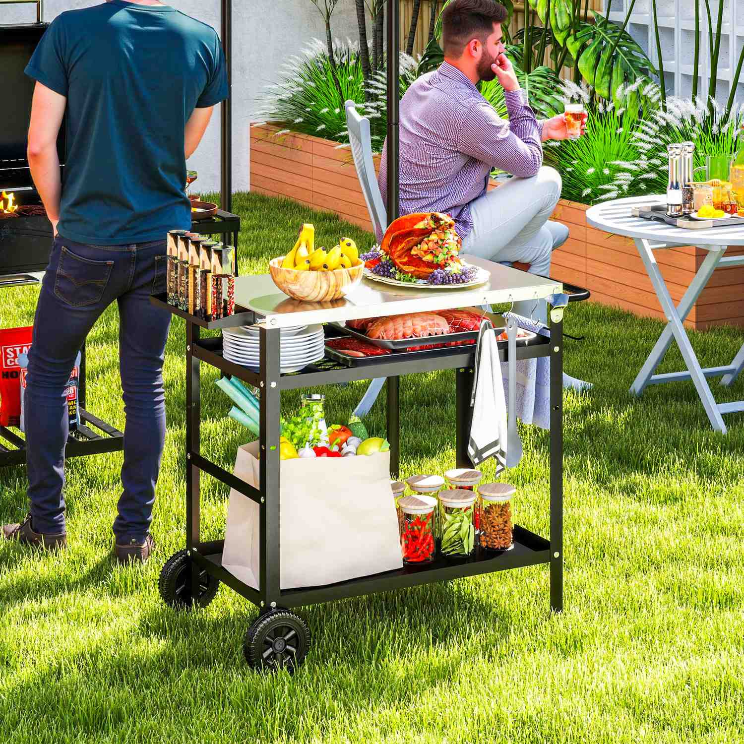 Justerbar 3-vånings utomhusgrillvagn med hjul