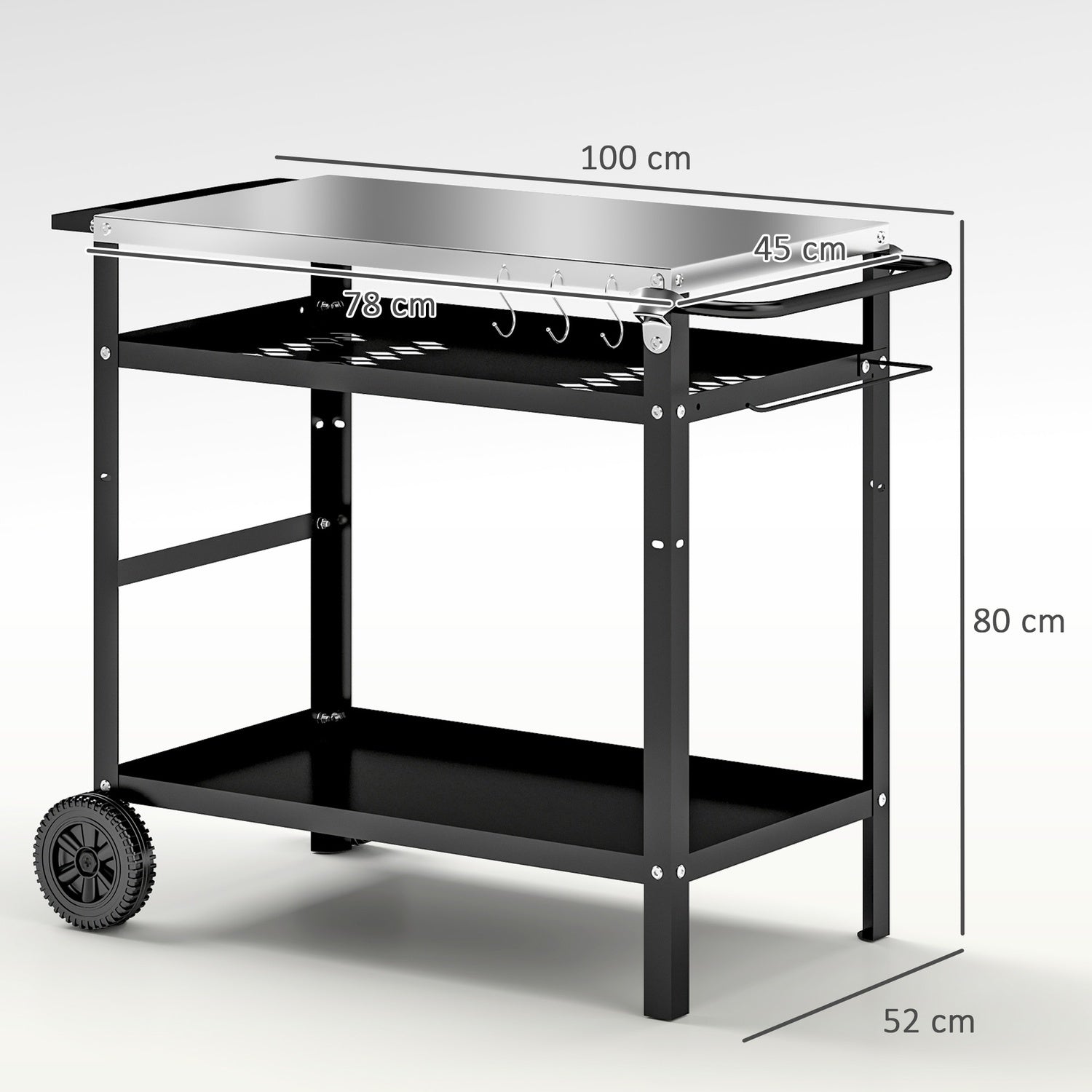 Justerbar 3-vånings utomhusgrillvagn med hjul