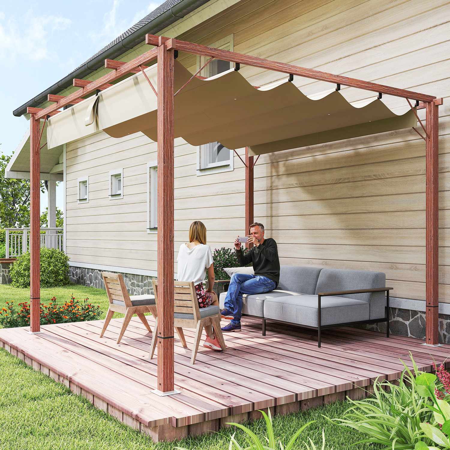 Justerbar 3x3m pergola, aluminiumram, UPF30+ skärm