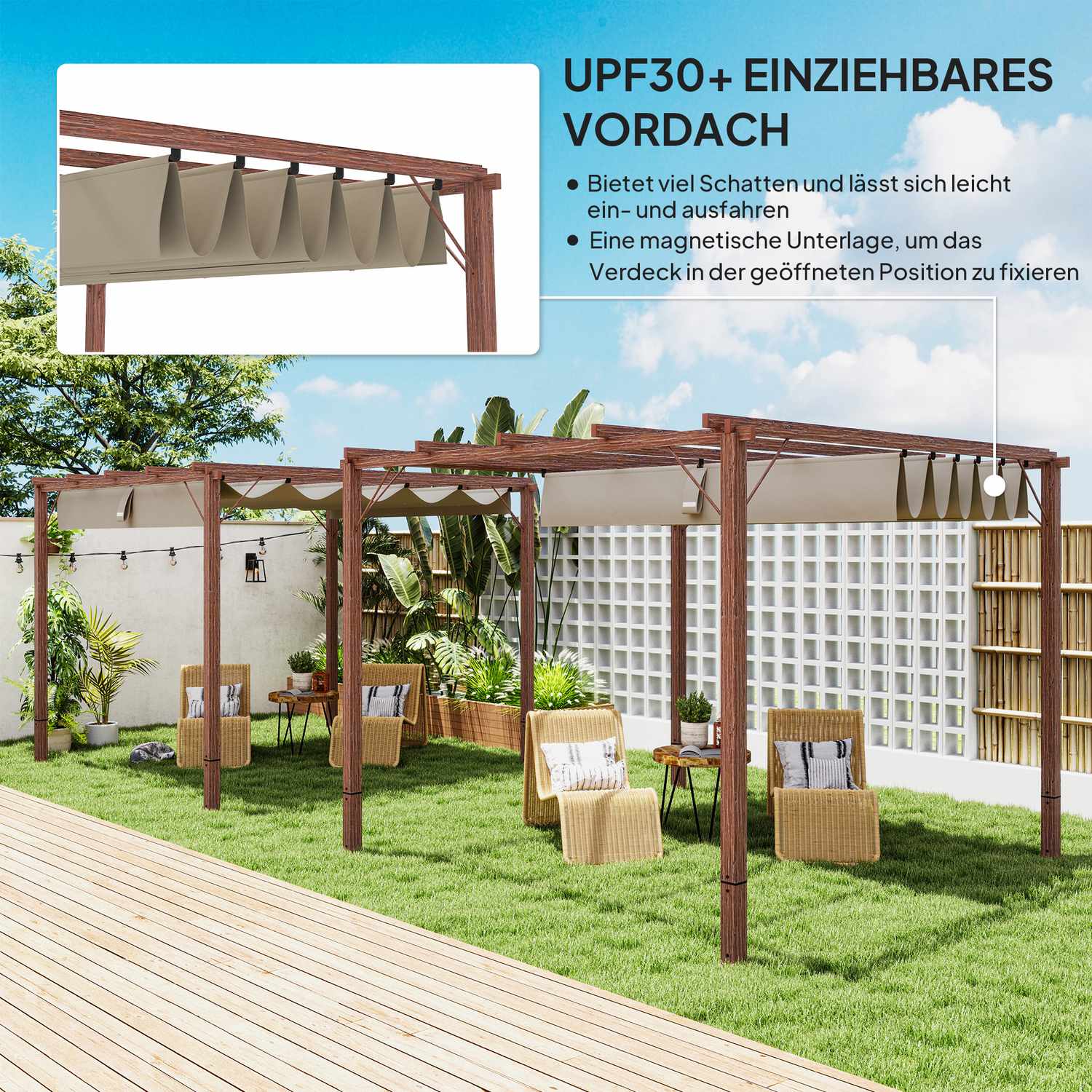Justerbar 3x3m pergola, aluminiumram, UPF30+ skärm