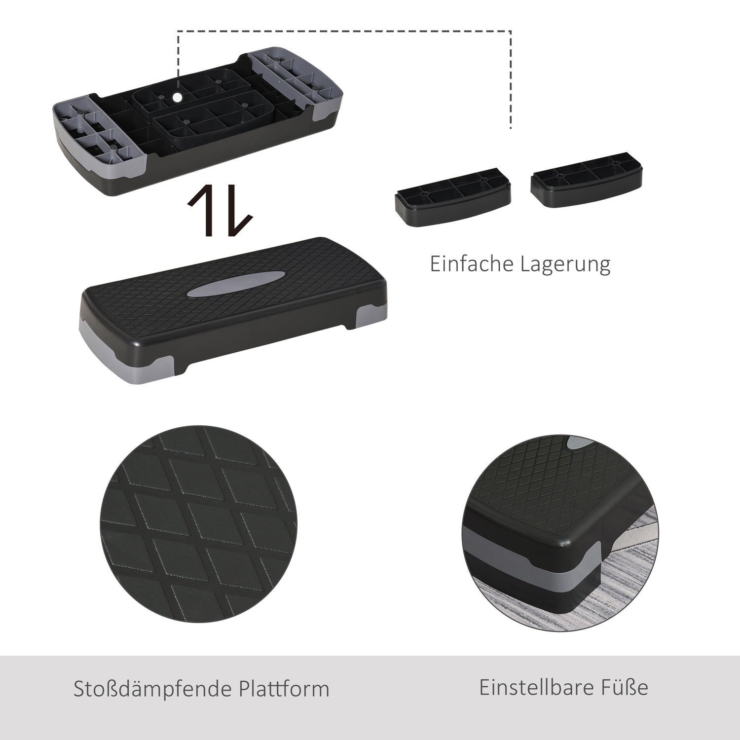 Justerbar Aerobic Stepper, 68x29x15cm, Svart/Grå