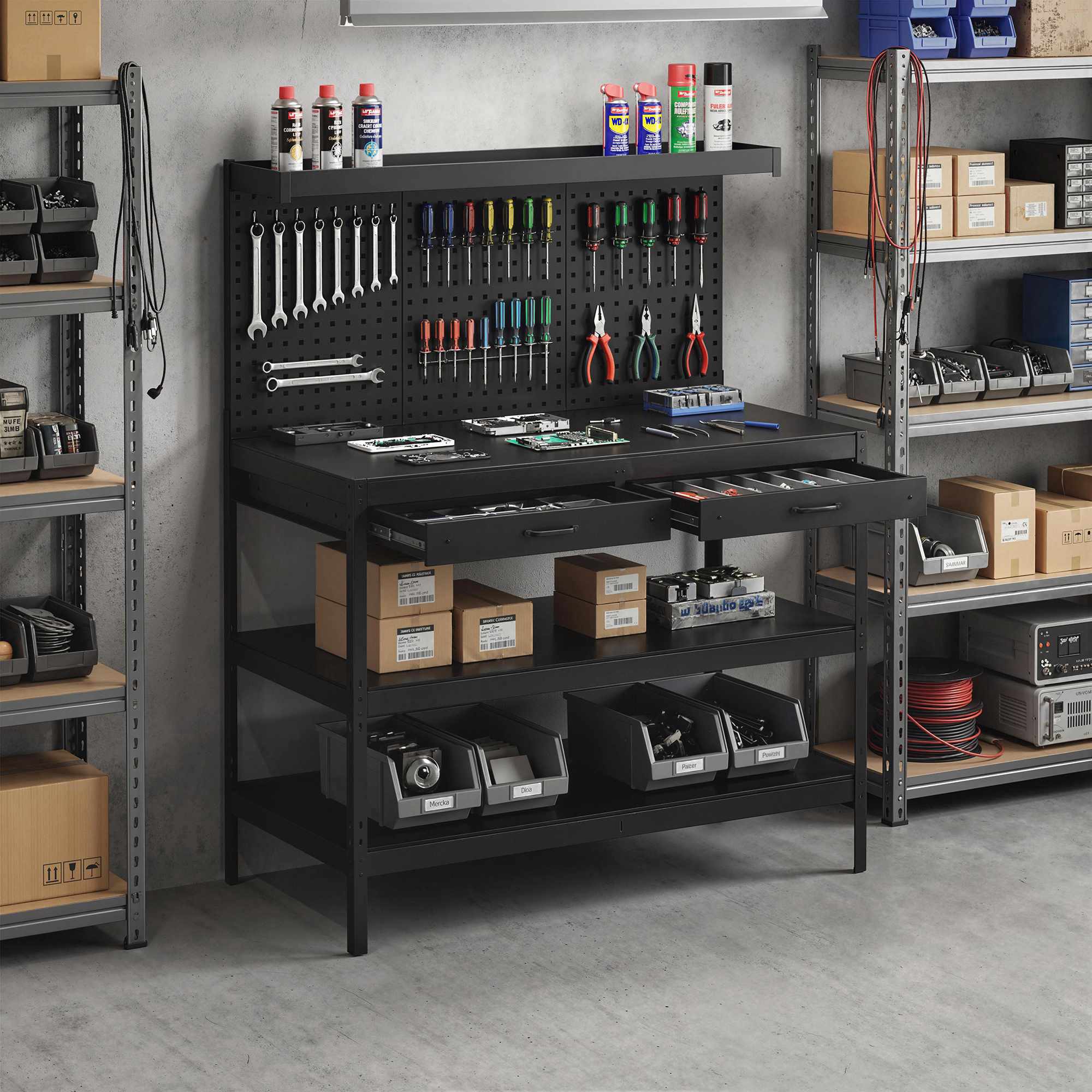Justerbar arbetsbänk med hylsplatta och hyllplan, svart, 122x61x156 cm