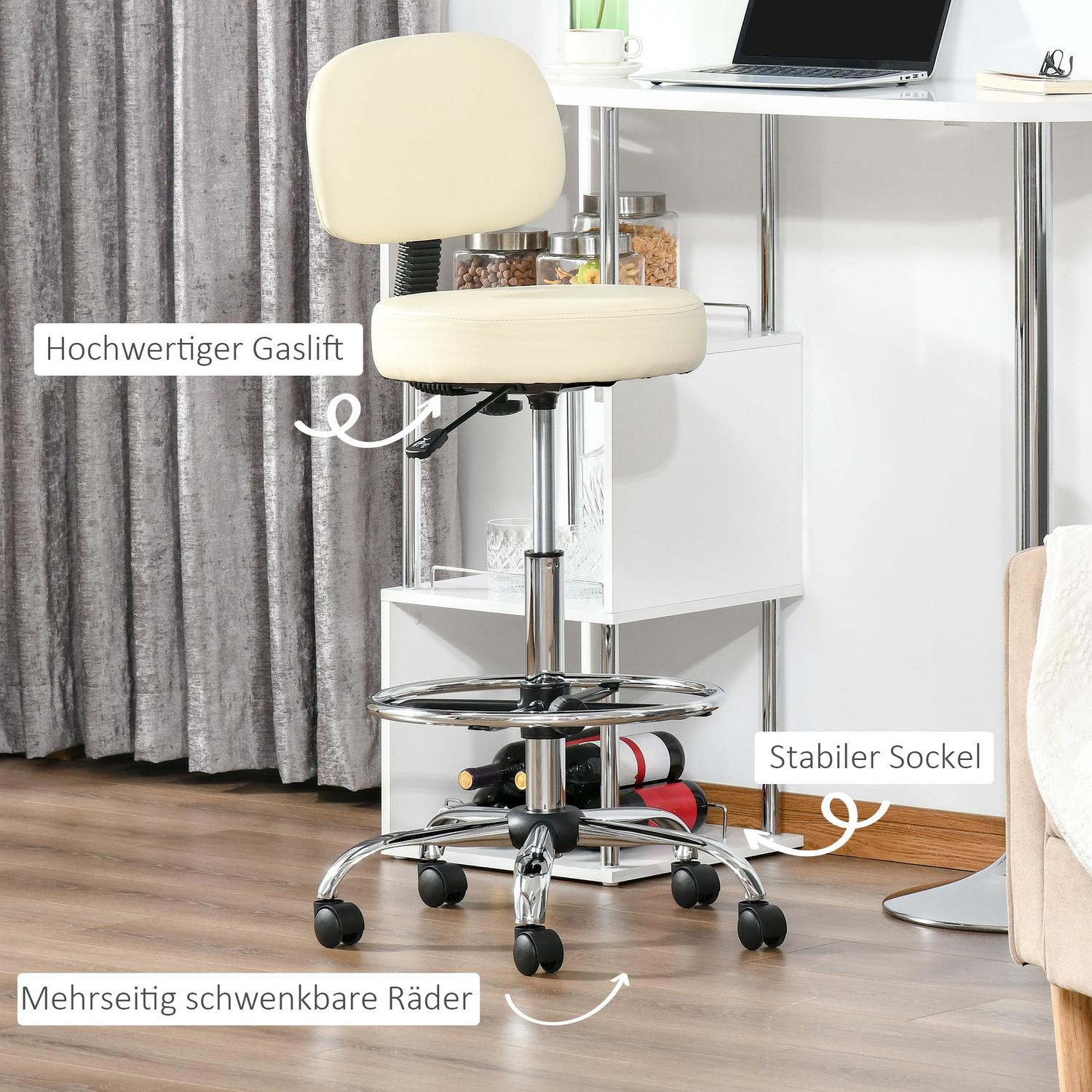 Justerbar beige PU pall med ryggstöd – 56x57x104-127cm