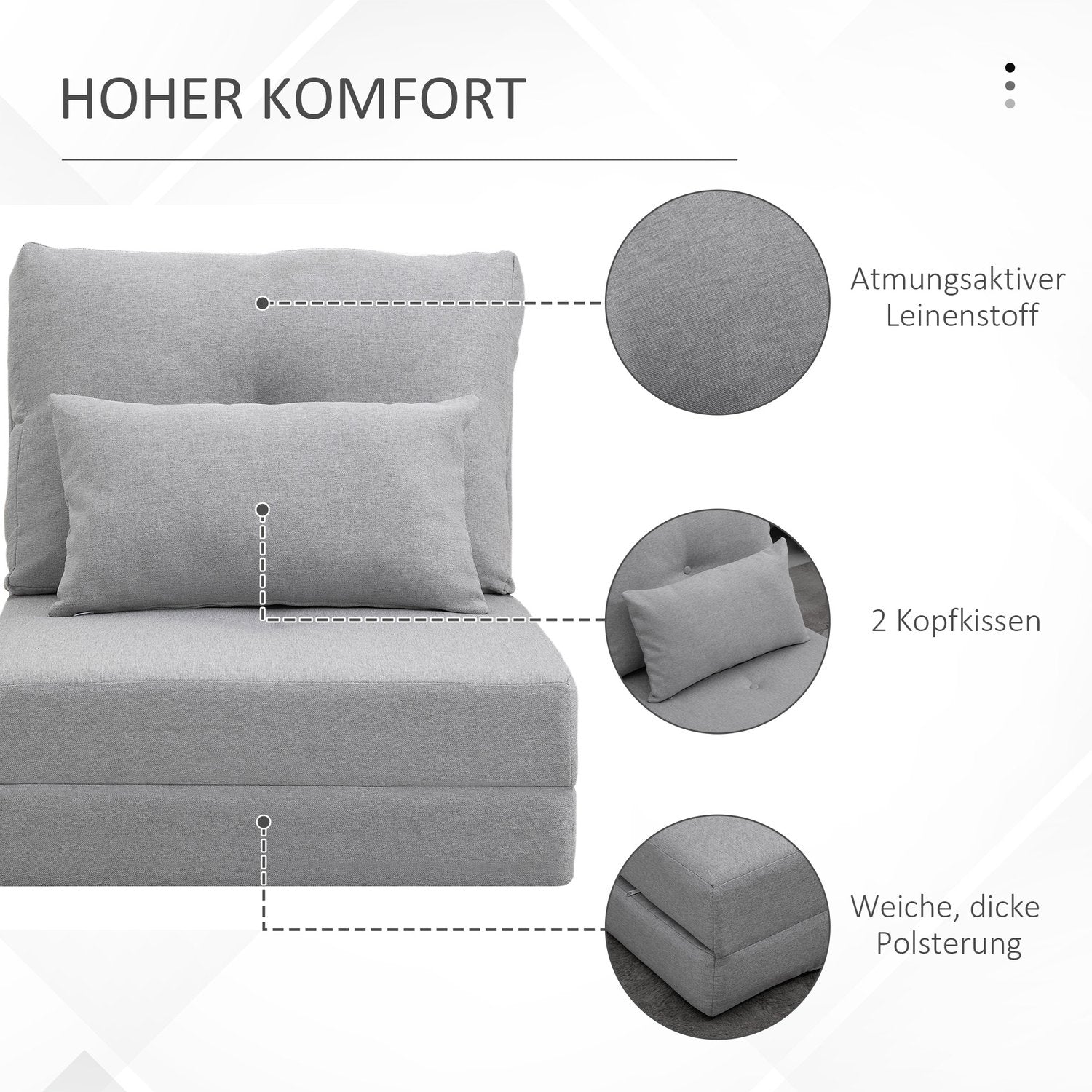 Justerbar fällbar golvstol och säng, linne grå kudde