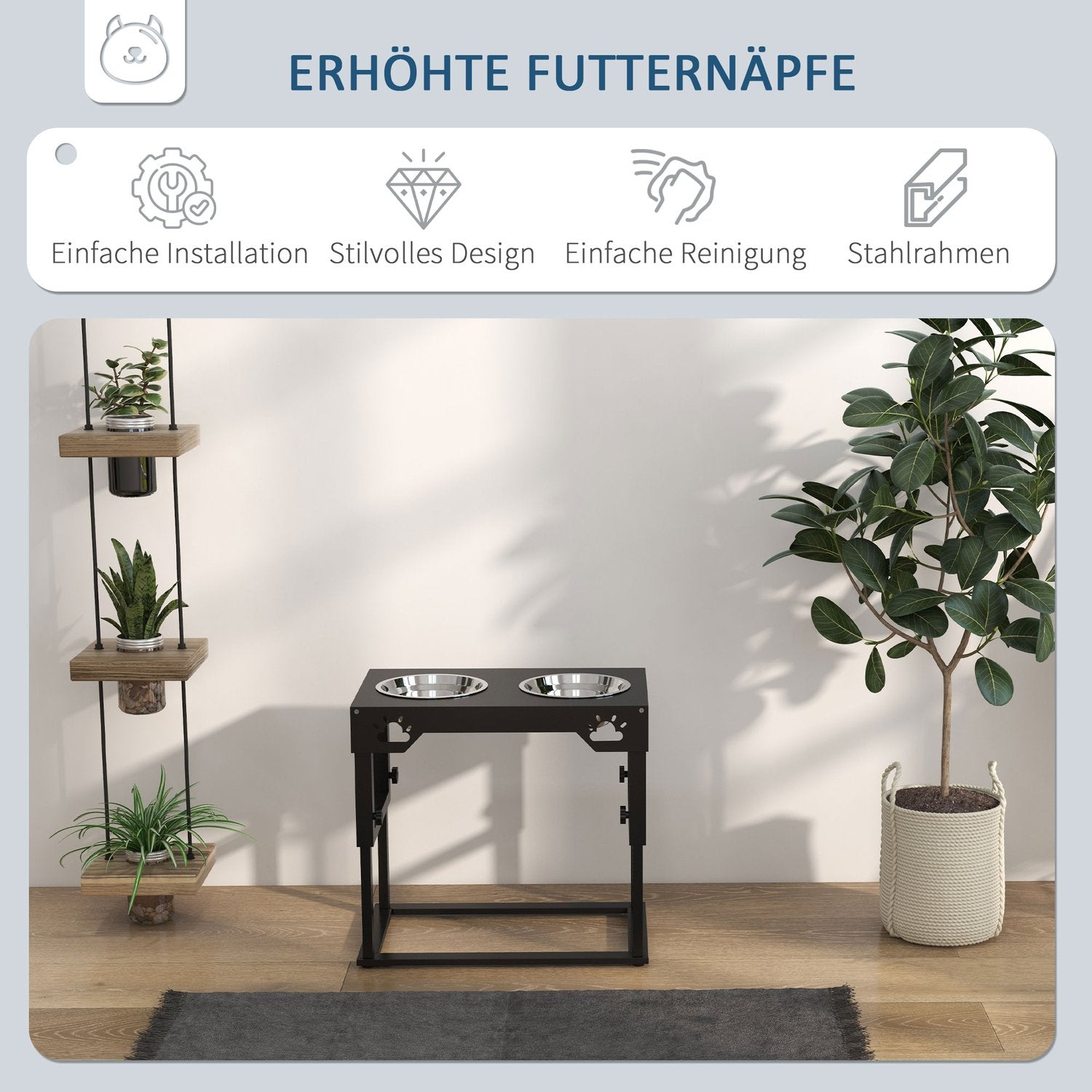Justerbar förhöjd hundmatningsstation, svarta rostfria skålar