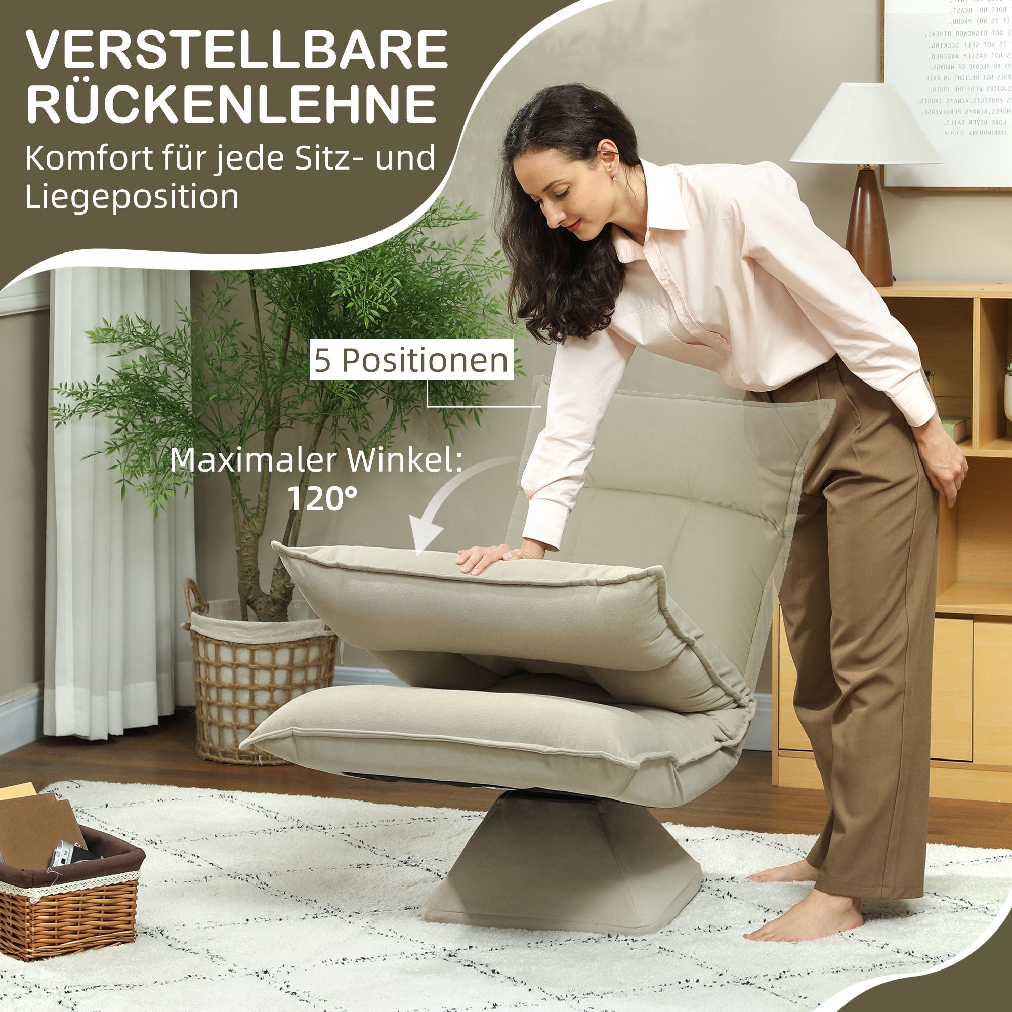 Justerbar golvstol, 360° vridbar, beige, stålram