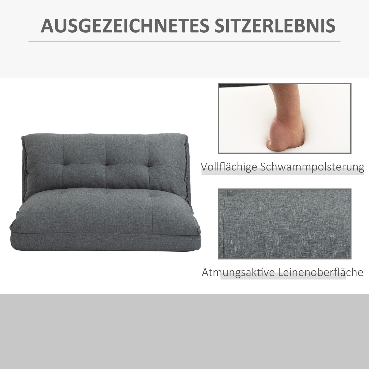 Justerbar grå golvstol – 13-positions bäddsoffa, linne