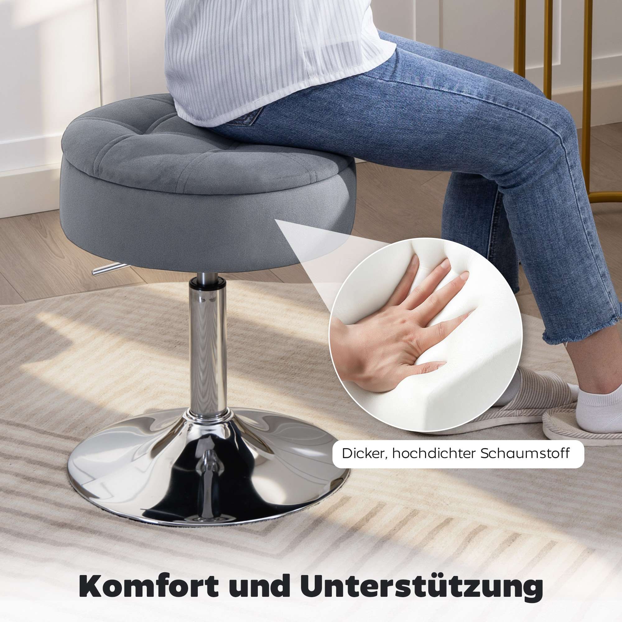 Justerbar grå sammetsbarstol med förvaring, 39x39x65 cm