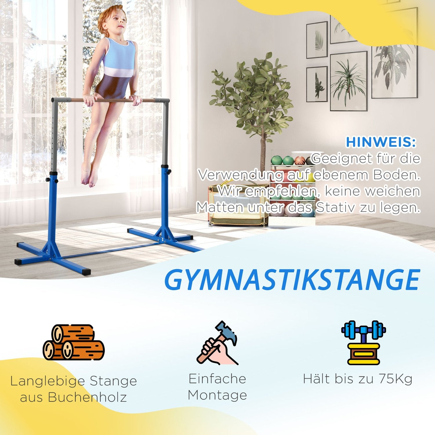 Justerbar gymnastikstång, 75 kg last, stål och trä