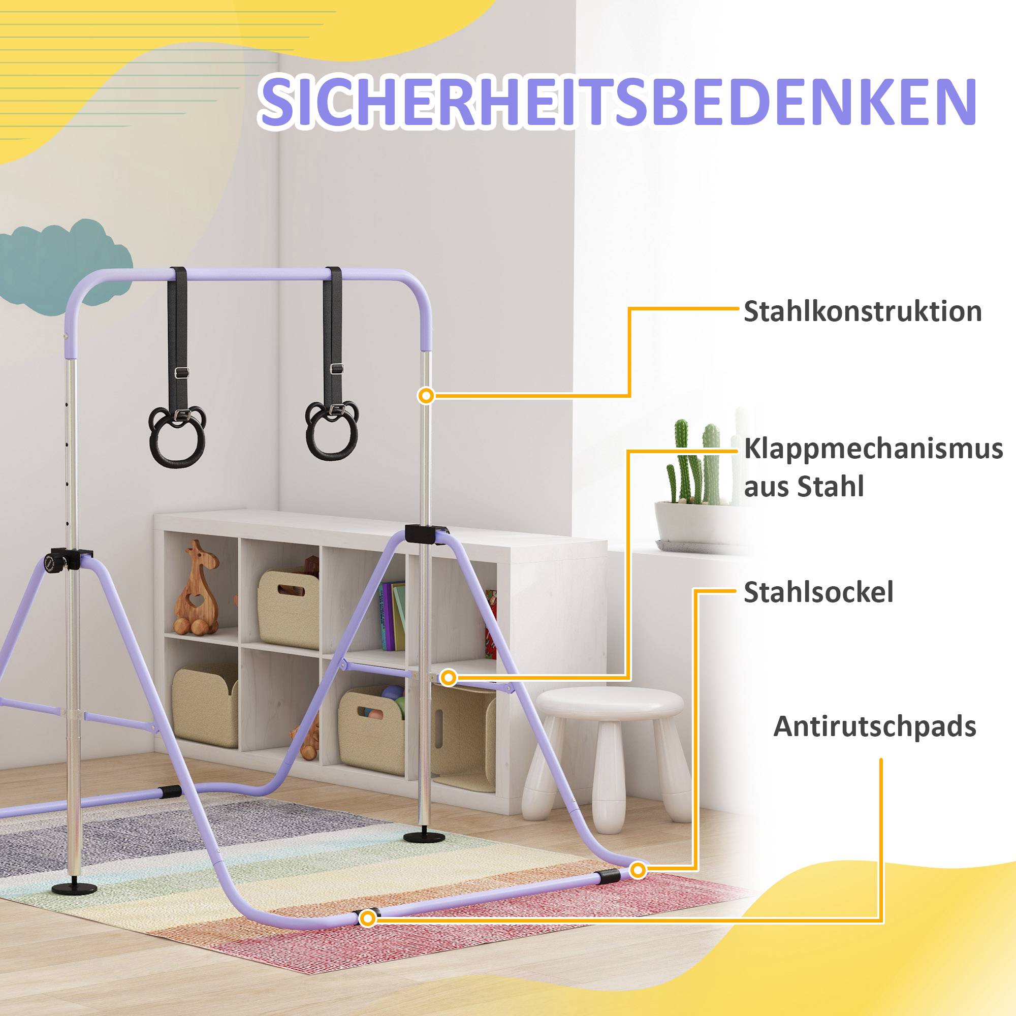 Justerbar gymnastikstång för barn med ringar, hopfällbar stålram