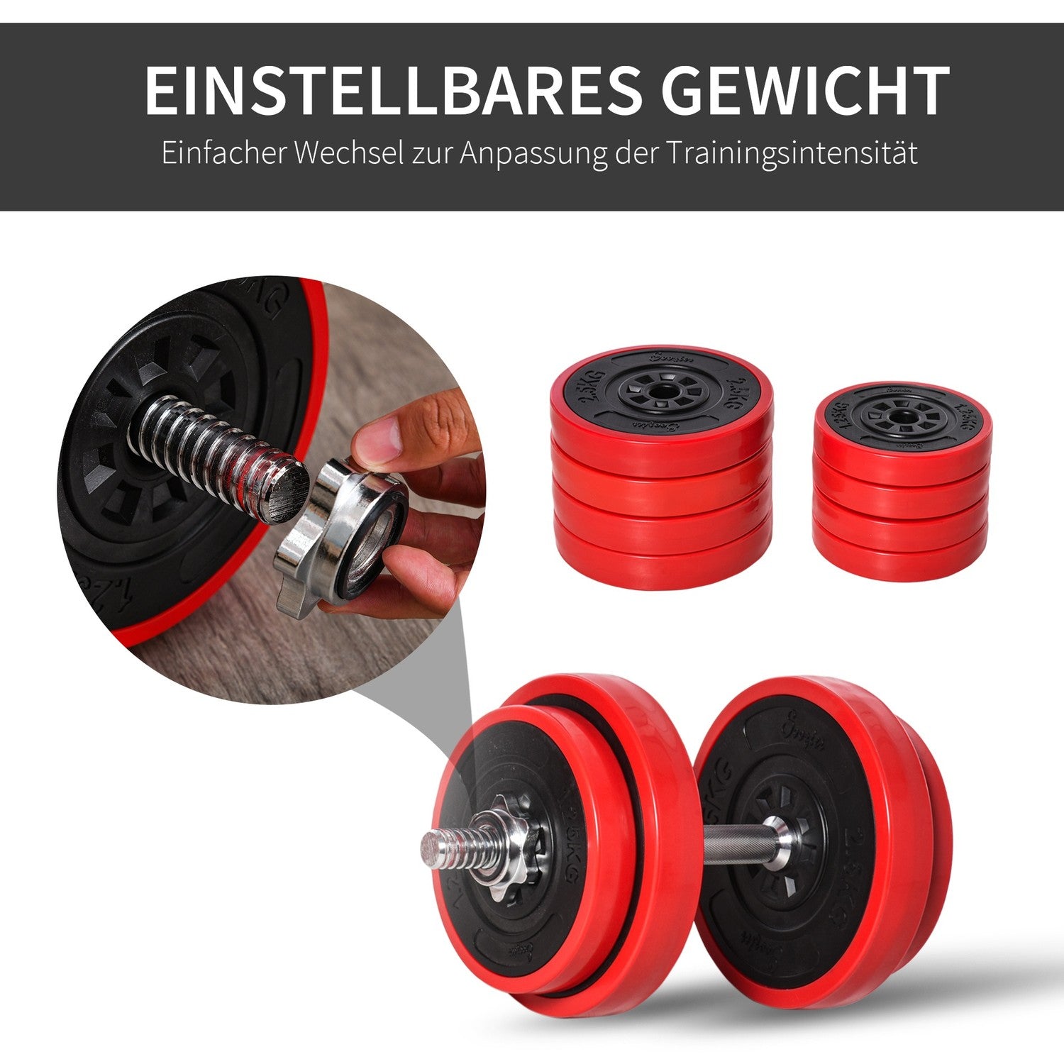 Justerbar hantlar & skivstångsset, 20 kg, röd/svart, hemmaträning