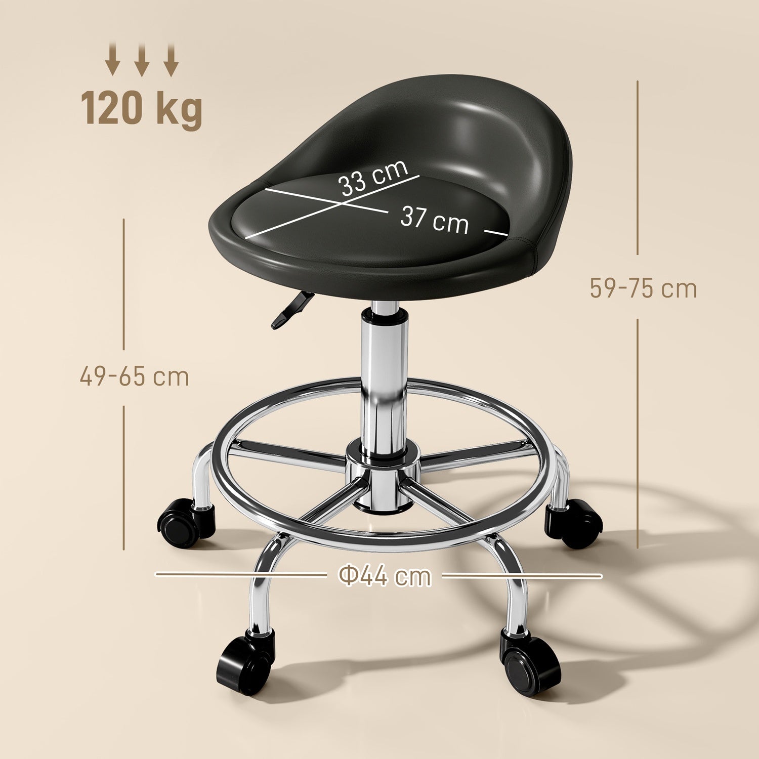 Justerbar höjd Svängbar pall med ryggstöd, svart, 59-75 cm