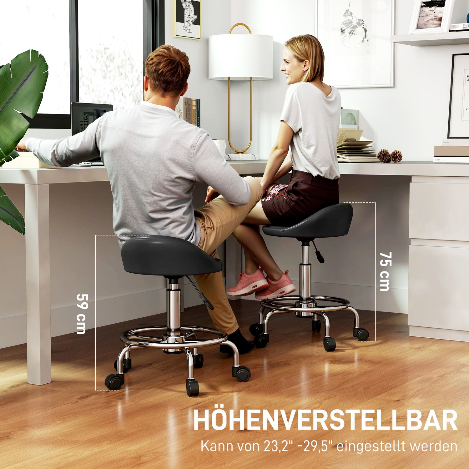 Justerbar höjd Svängbar pall med ryggstöd, svart, 59-75 cm