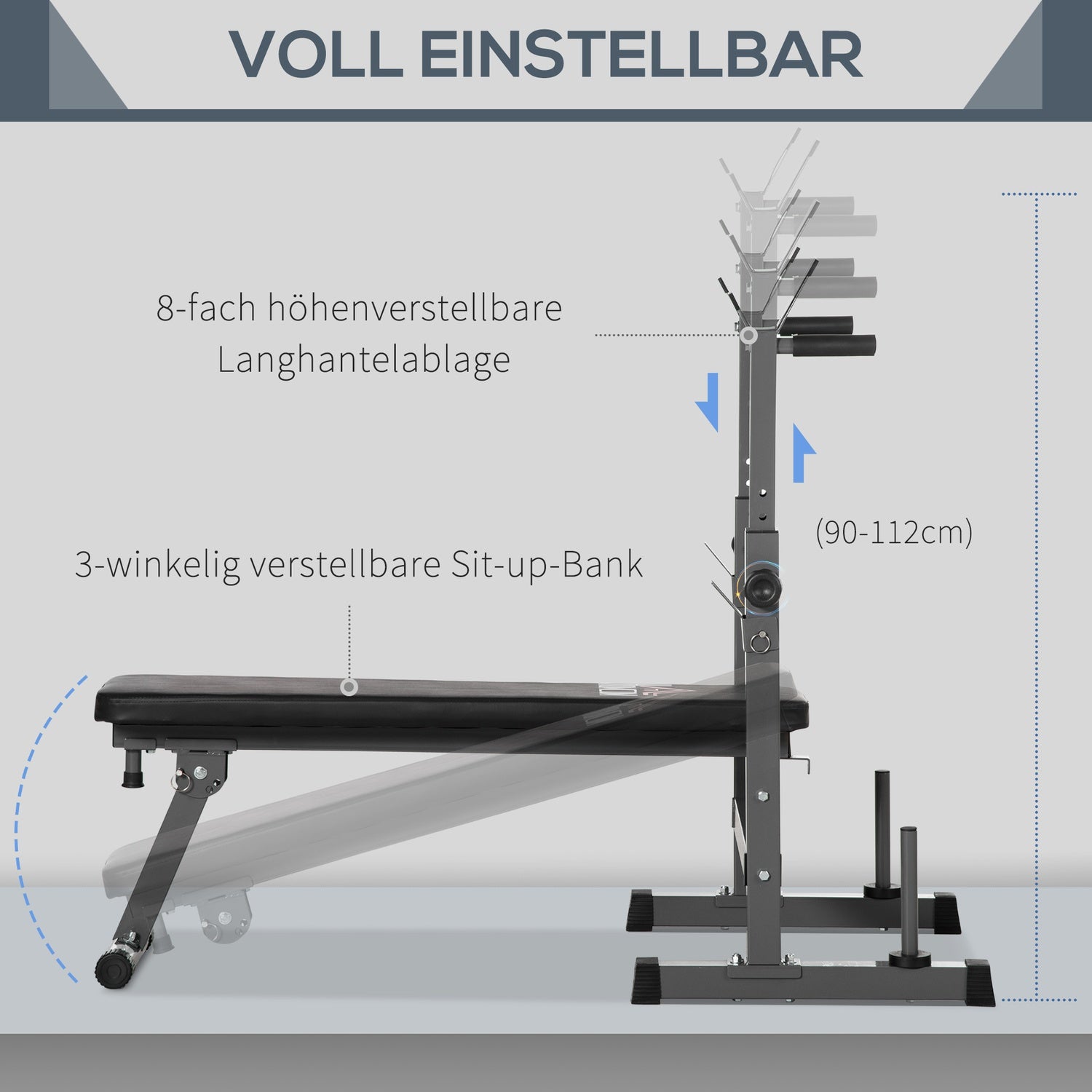 Justerbar viktbänk i stål med hantelställ – svart/grå