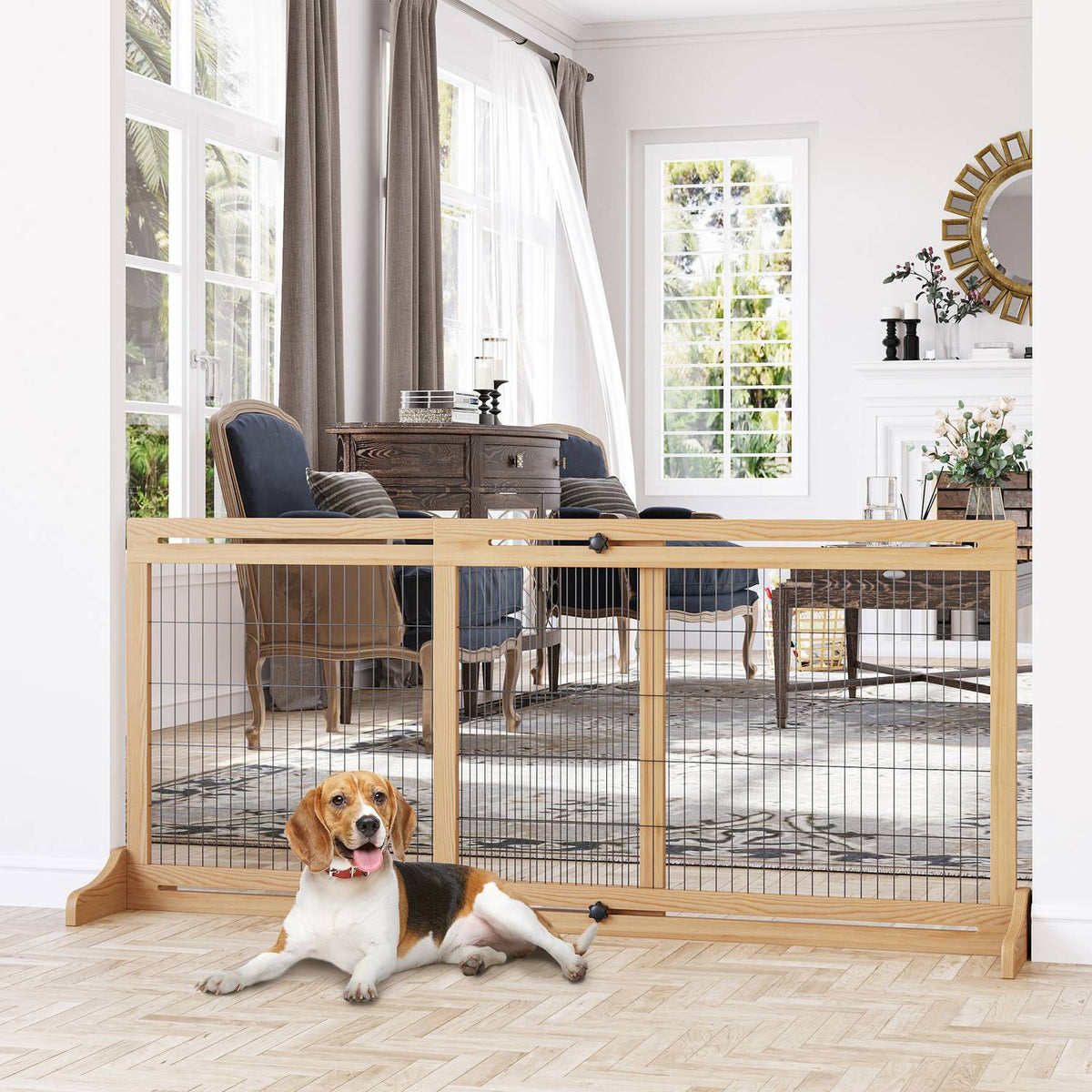 Justerbar hundport i trä för trappor och dörrar, naturlig finish