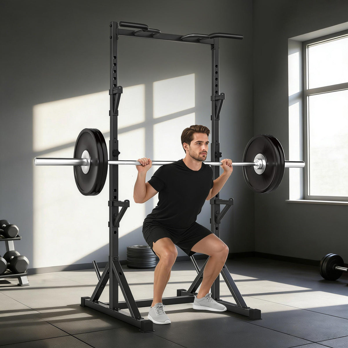 Justerbart knebøy-stativ med pullup-stang, 200 kg, svart