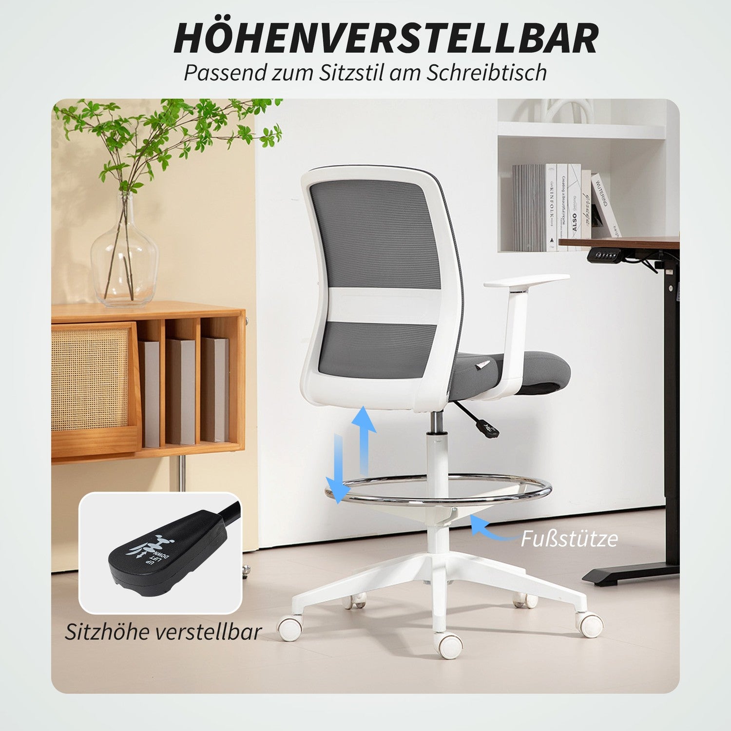 Justerbar kontorsstol i ergonomisk mesh med fotstöd