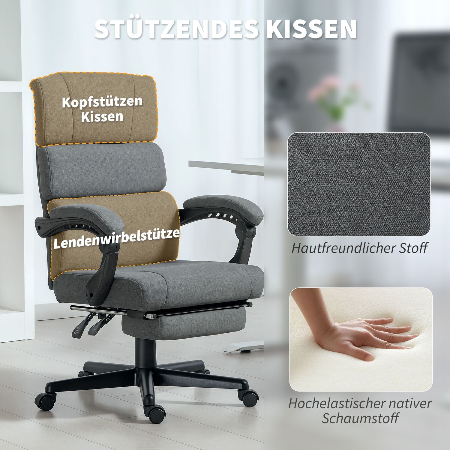Justerbar kontorsstol i sammetsliknande utseende, rullstol, grå