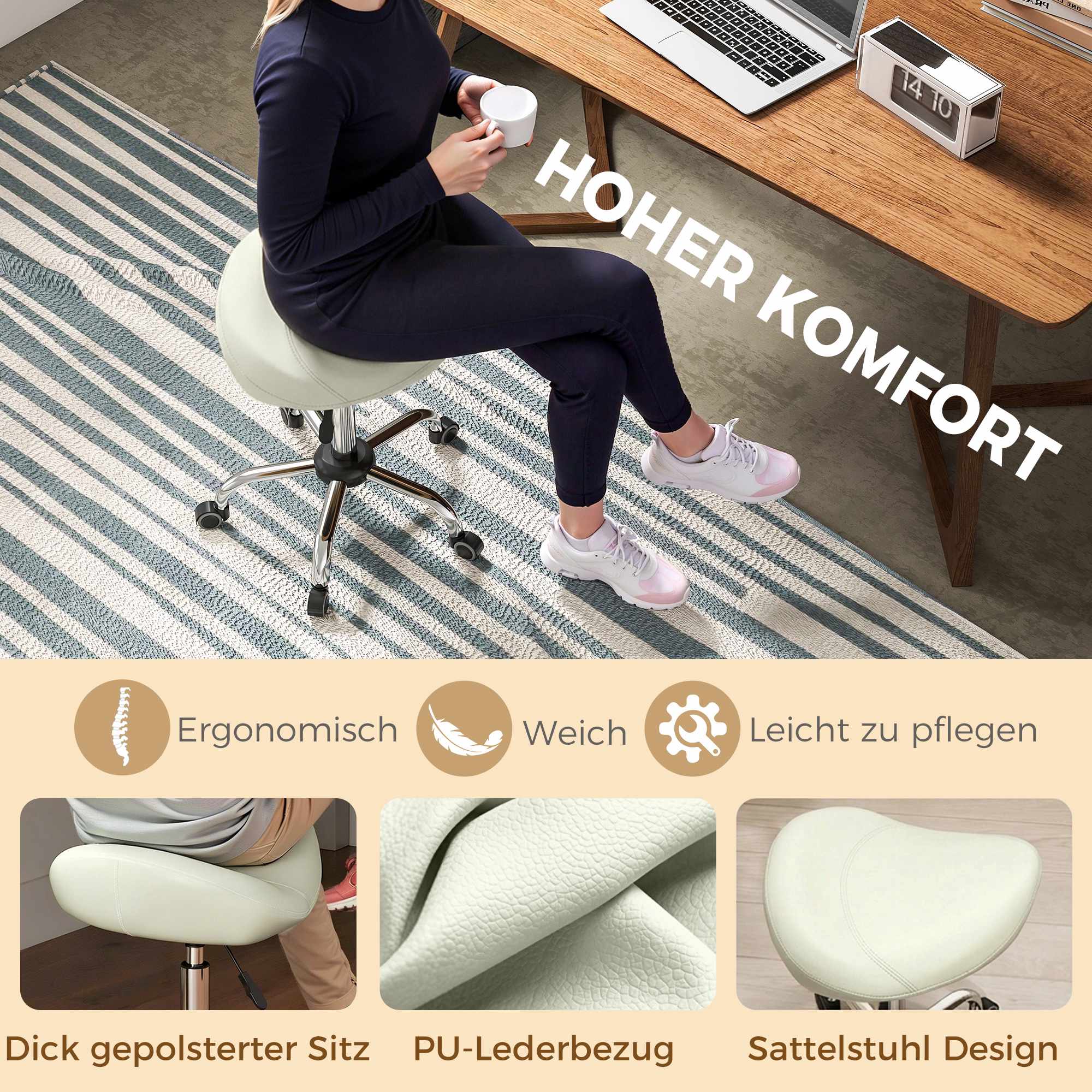 Justerbar sadelpall med PU-läder, krämvit