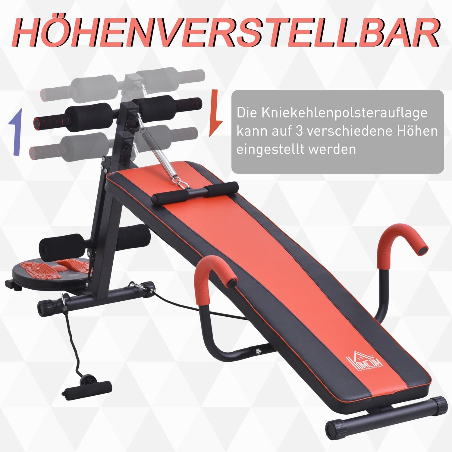 Justerbar sittbänk, vadderad, 120 kg kapacitet, röd/svart