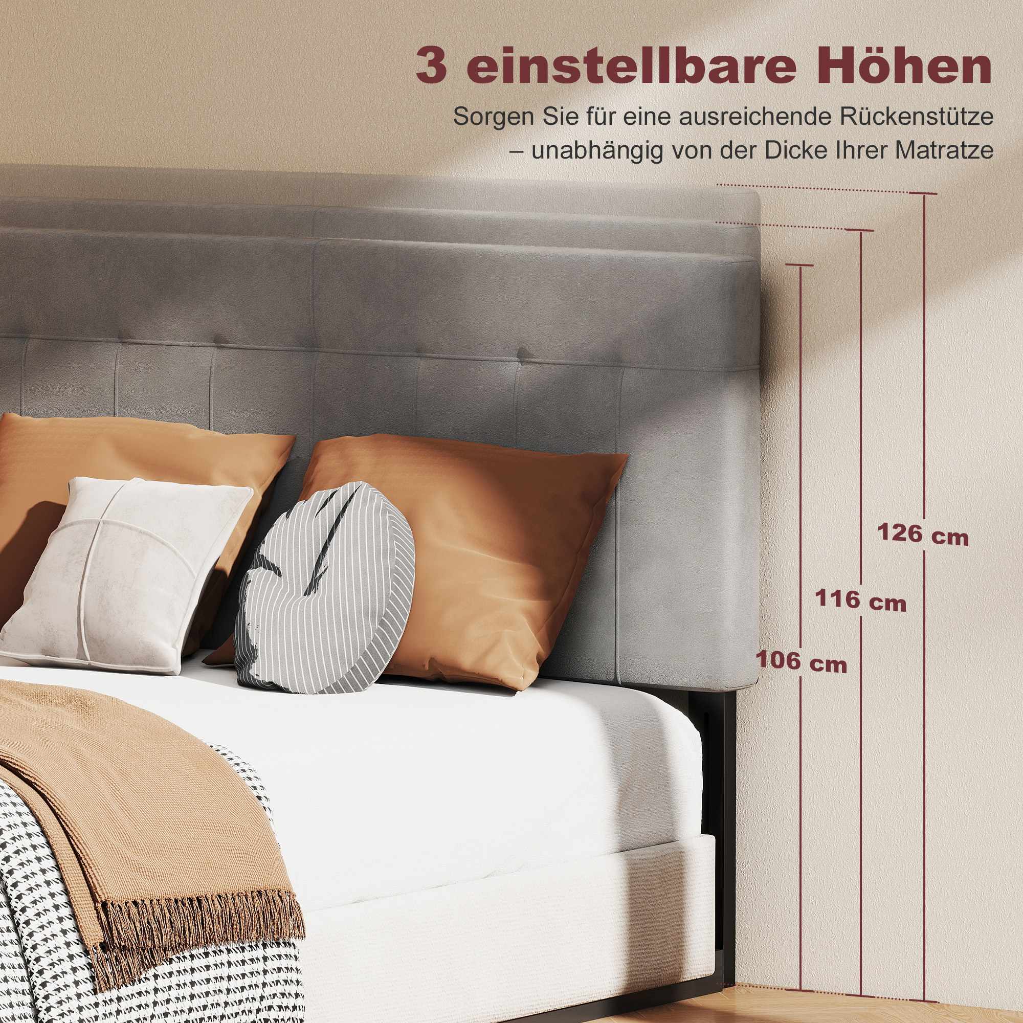Justerbar sänggavel i sammet med metallben, 140 cm, grå