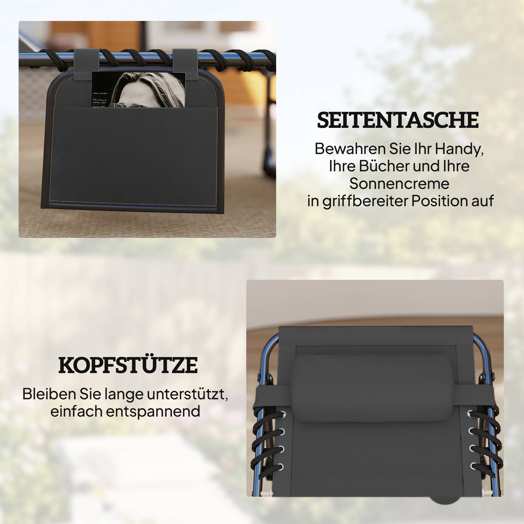 Justerbar solsäng för utomhusbruk med kudde och ficka