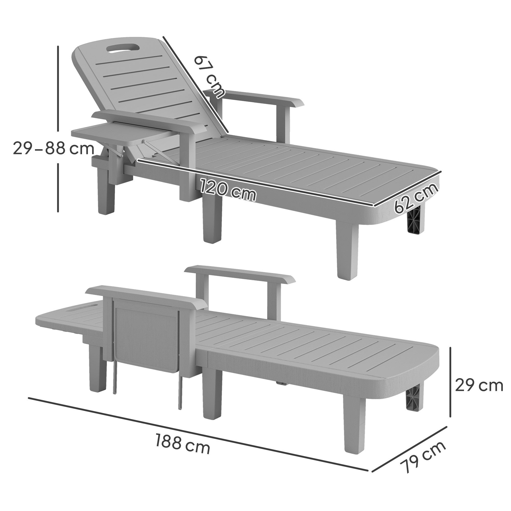 Justerbar solsäng med sidobord, ljusgrå