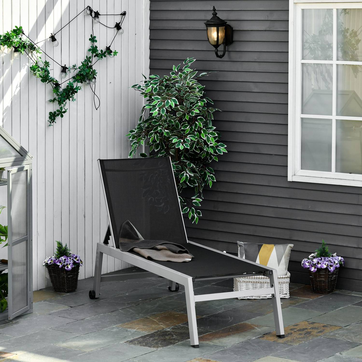 Justerbar solstol, svart aluminium, 5-nivå ryggstöd