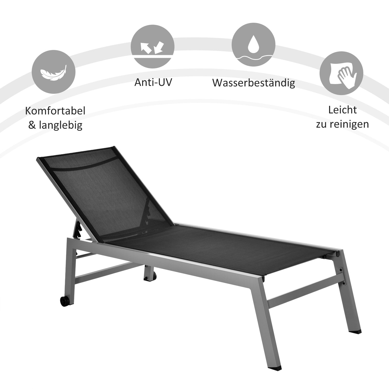 Justerbar solstol, svart aluminium, 5-nivå ryggstöd