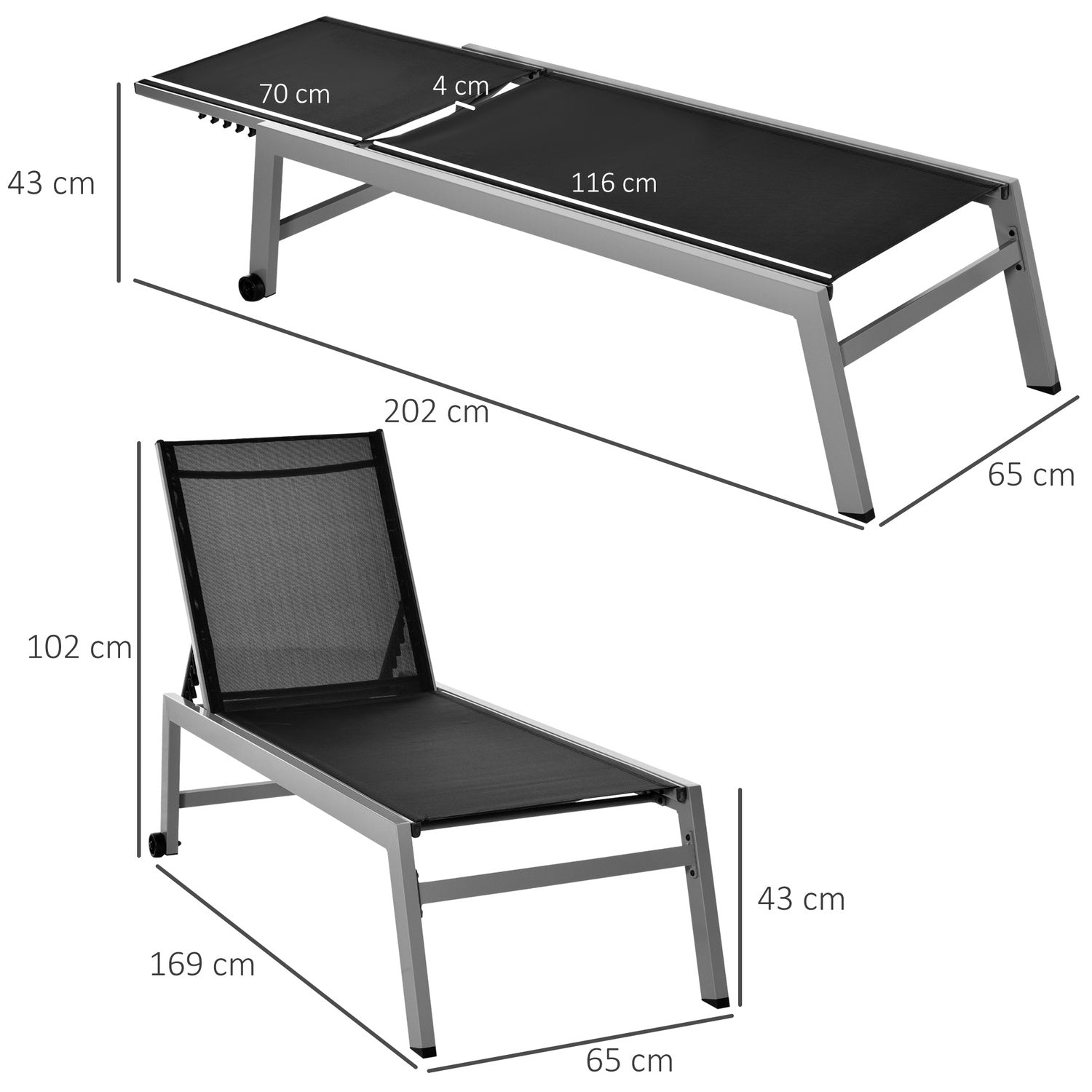 Justerbar solstol, svart aluminium, 5-nivå ryggstöd