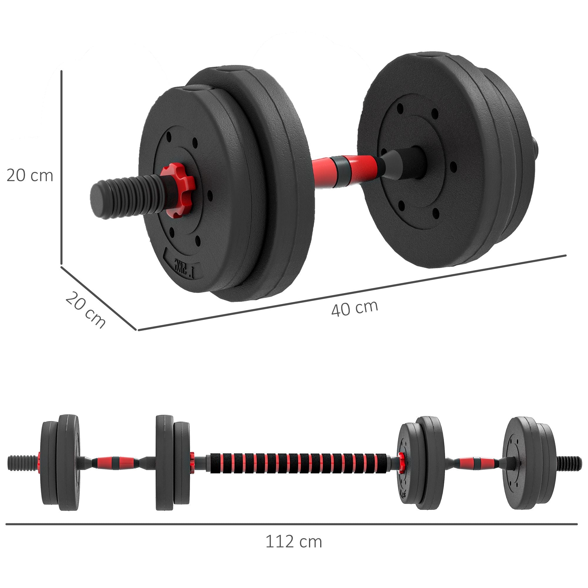 Justerbart 15 kg hantelset, kan omvandlas till skivstång, svart
