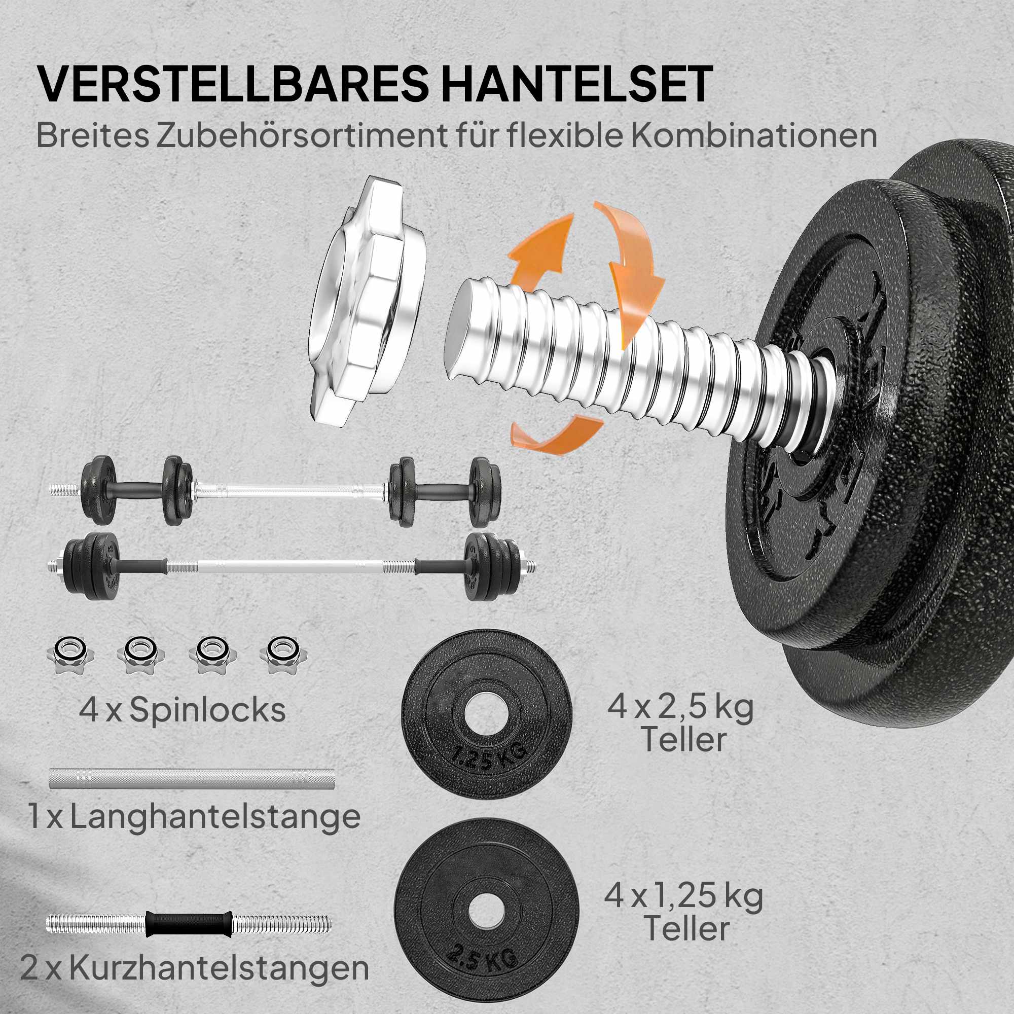 Justerbart hantel- och skivstångsset, 20 kg, halkfritt grepp